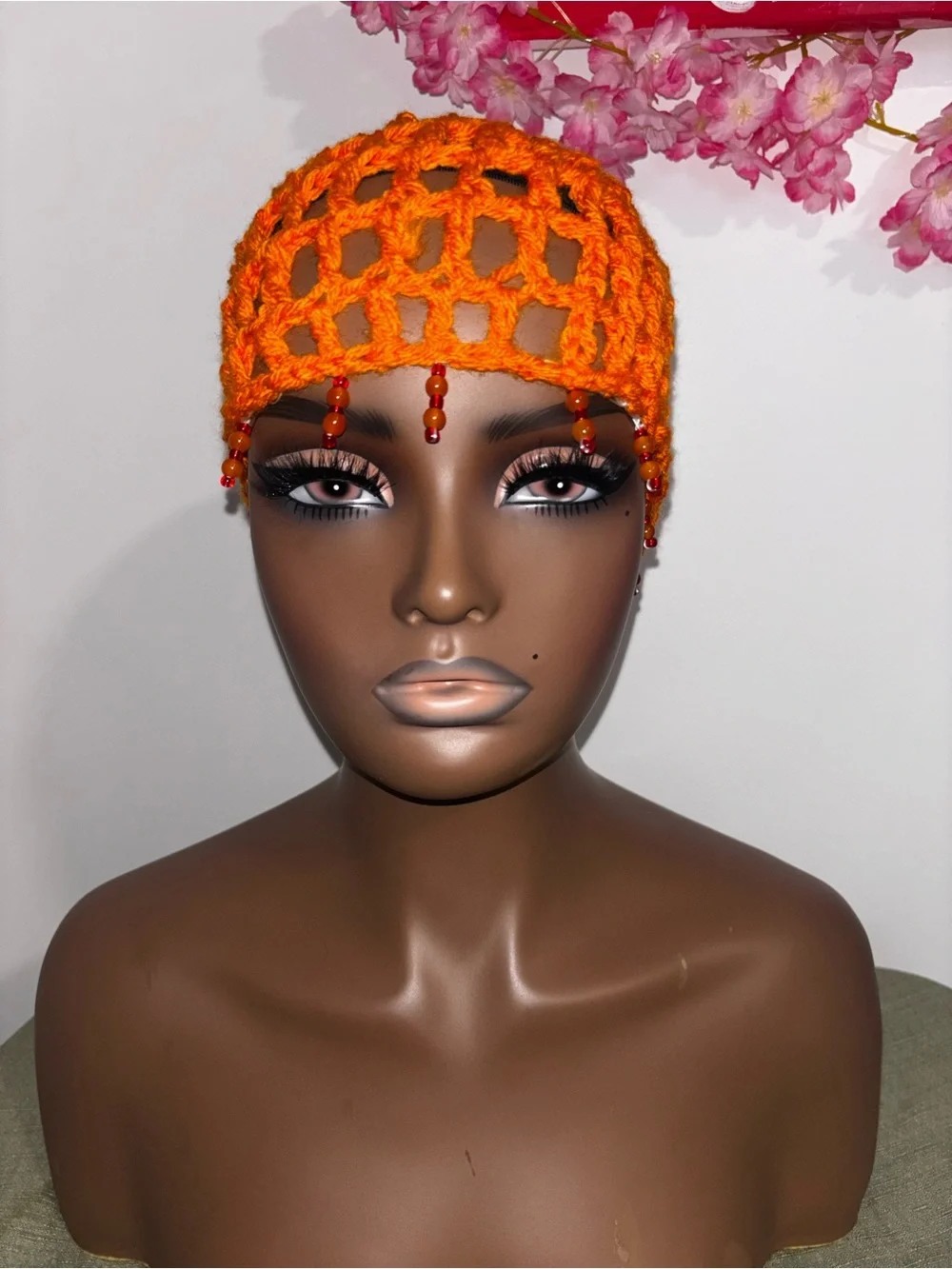 Crocheted Beaded Hair Cap - Vibrant Orange